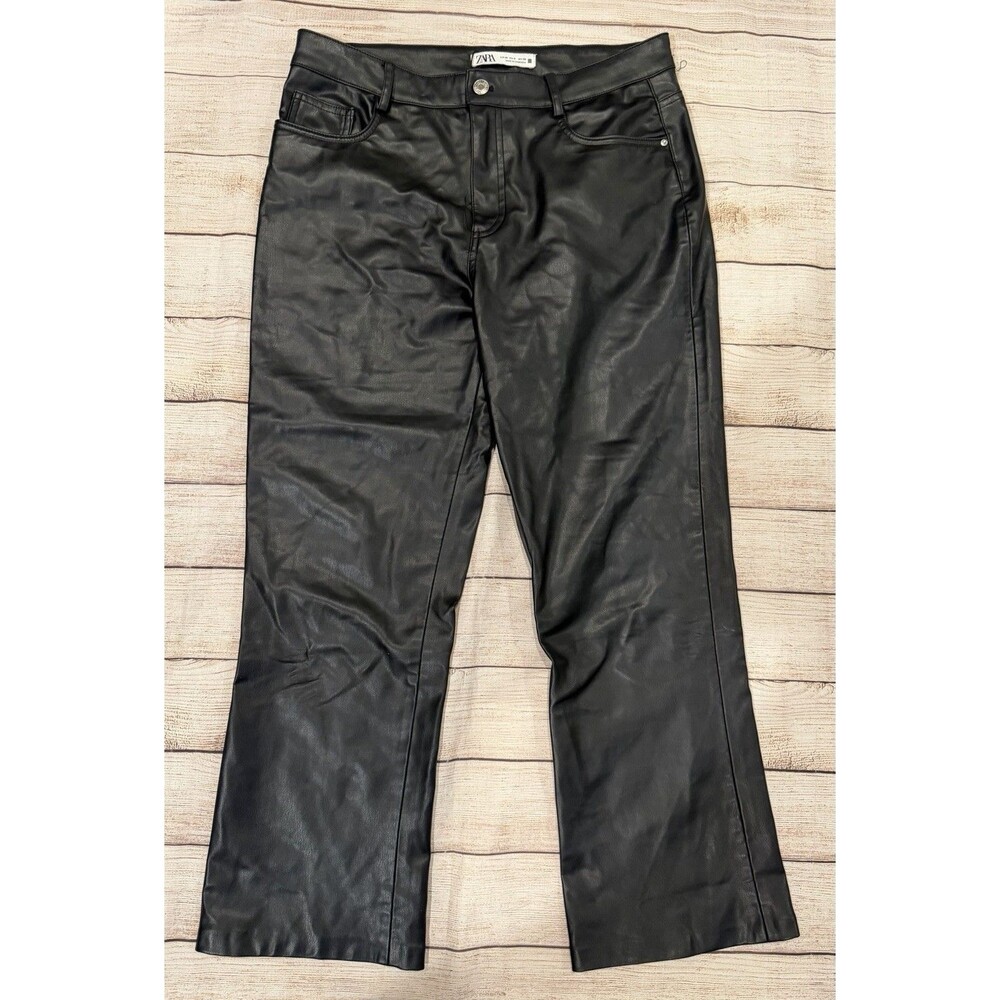 Zara black faux vegan leather mini flare pants NWT Size 8